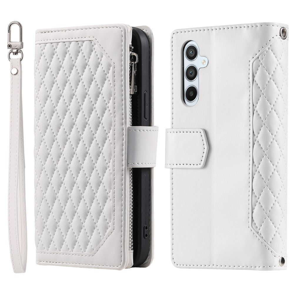 For Samsung Galaxy A57 5G Wallet Case Rhombus Stitching Line PU Leather Phone Cover with Wrist Strap - White