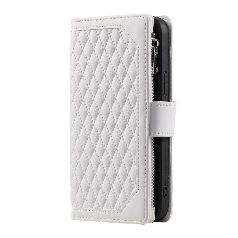 For Samsung Galaxy A57 5G Wallet Case Rhombus Stitching Line PU Leather Phone Cover with Wrist Strap - White