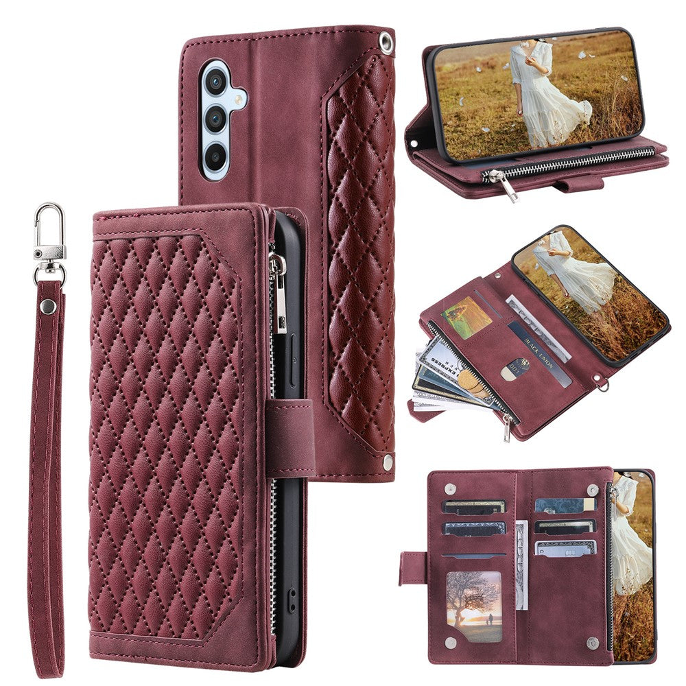 For Samsung Galaxy A57 5G Wallet Case Rhombus Stitching Line PU Leather Phone Cover with Wrist Strap - Wine Red