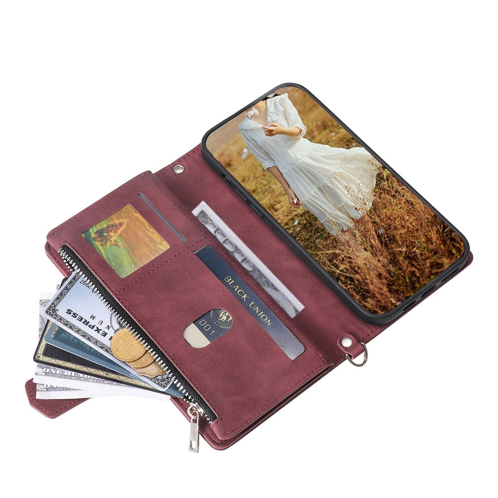 For Samsung Galaxy A57 5G Wallet Case Rhombus Stitching Line PU Leather Phone Cover with Wrist Strap - Wine Red