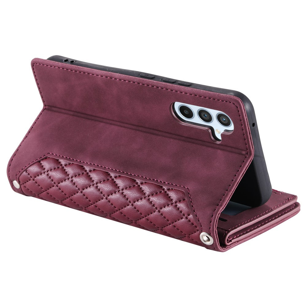 For Samsung Galaxy A57 5G Wallet Case Rhombus Stitching Line PU Leather Phone Cover with Wrist Strap - Wine Red