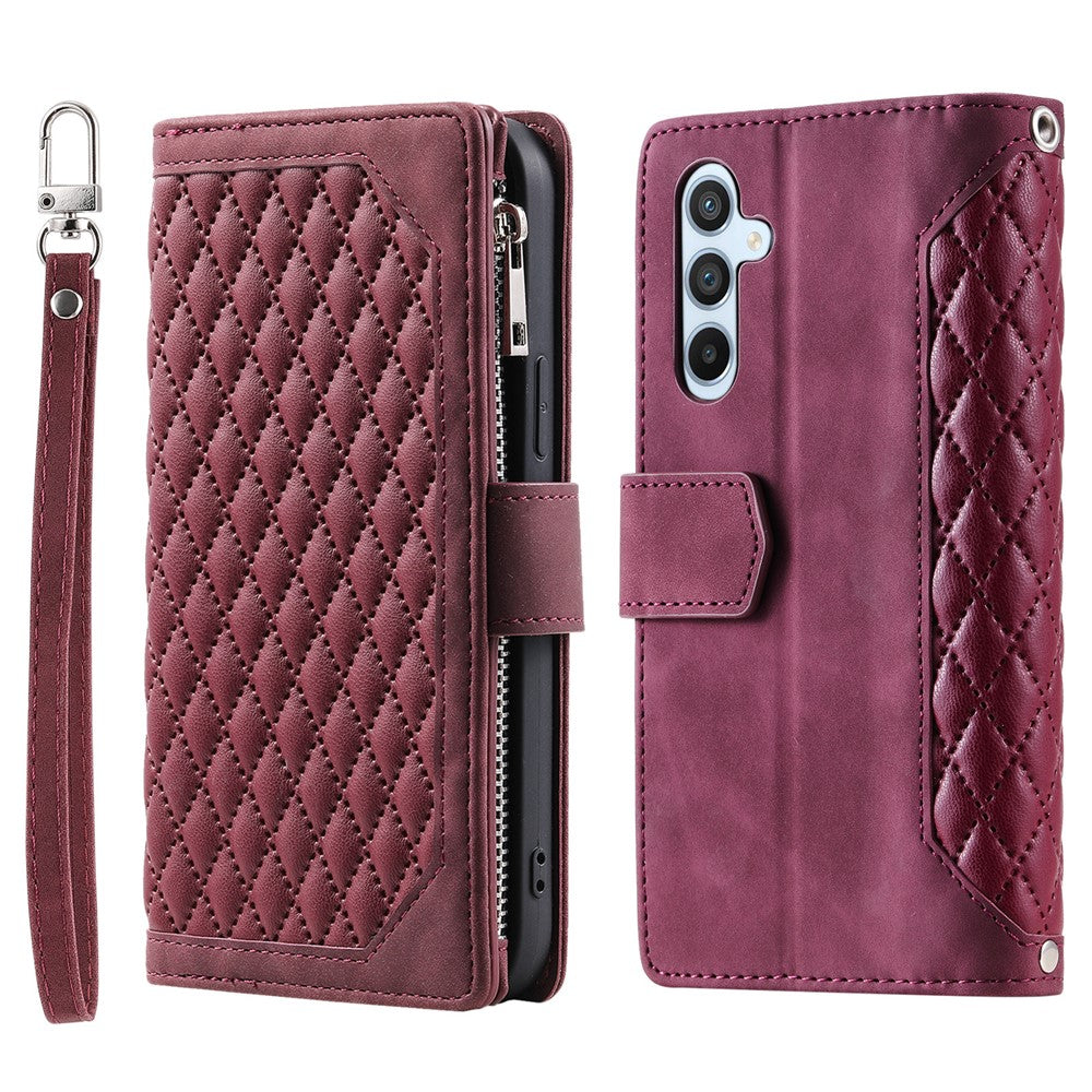 For Samsung Galaxy A57 5G Wallet Case Rhombus Stitching Line PU Leather Phone Cover with Wrist Strap - Wine Red