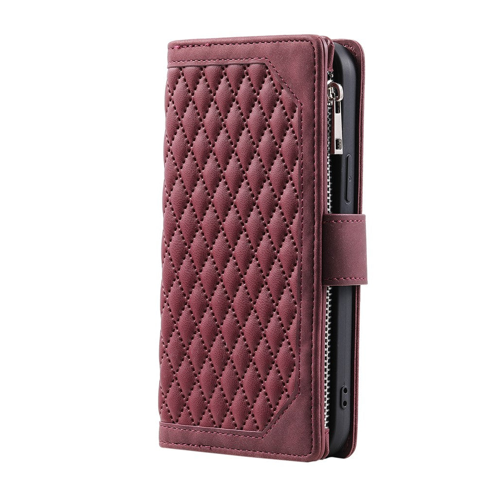 For Samsung Galaxy A57 5G Wallet Case Rhombus Stitching Line PU Leather Phone Cover with Wrist Strap - Wine Red