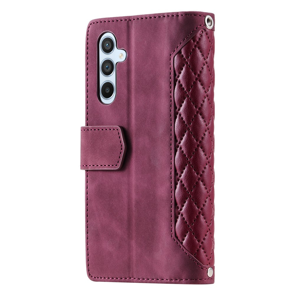 For Samsung Galaxy A57 5G Wallet Case Rhombus Stitching Line PU Leather Phone Cover with Wrist Strap - Wine Red