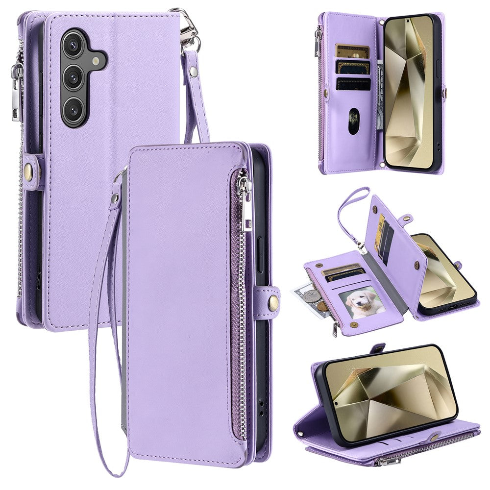 For Samsung Galaxy A57 5G Case TPU + PU Leather Wallet Phone Cover with Wrist Strap - Purple