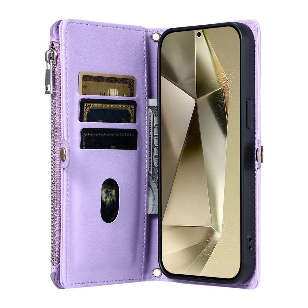 For Samsung Galaxy A57 5G Case TPU + PU Leather Wallet Phone Cover with Wrist Strap - Purple