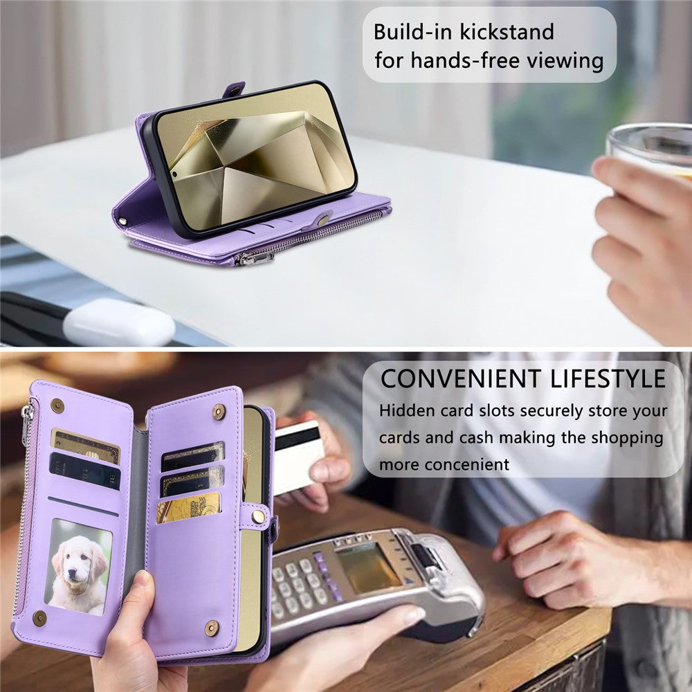 For Samsung Galaxy A57 5G Case TPU + PU Leather Wallet Phone Cover with Wrist Strap - Purple