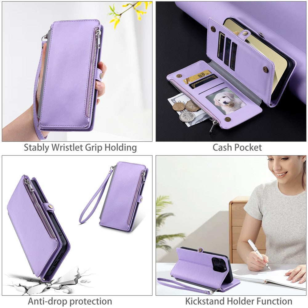 For Samsung Galaxy A57 5G Case TPU + PU Leather Wallet Phone Cover with Wrist Strap - Purple