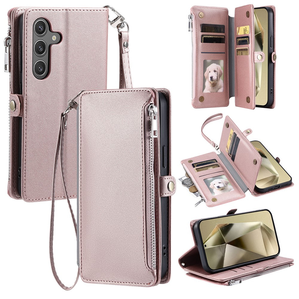 For Samsung Galaxy A57 5G Case TPU + PU Leather Wallet Phone Cover with Wrist Strap - Rose Gold