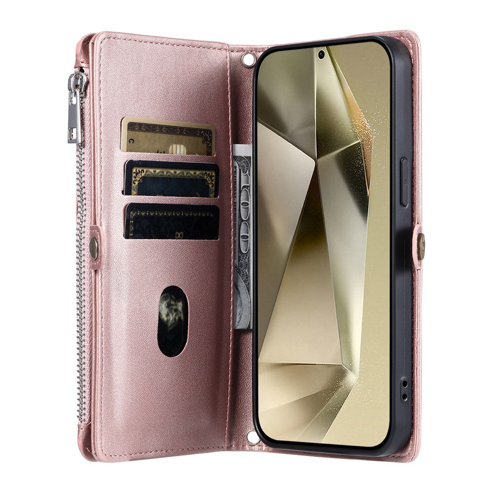 For Samsung Galaxy A57 5G Case TPU + PU Leather Wallet Phone Cover with Wrist Strap - Rose Gold