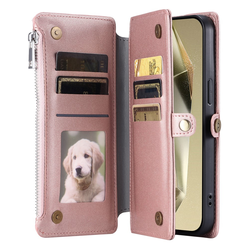 For Samsung Galaxy A57 5G Case TPU + PU Leather Wallet Phone Cover with Wrist Strap - Rose Gold