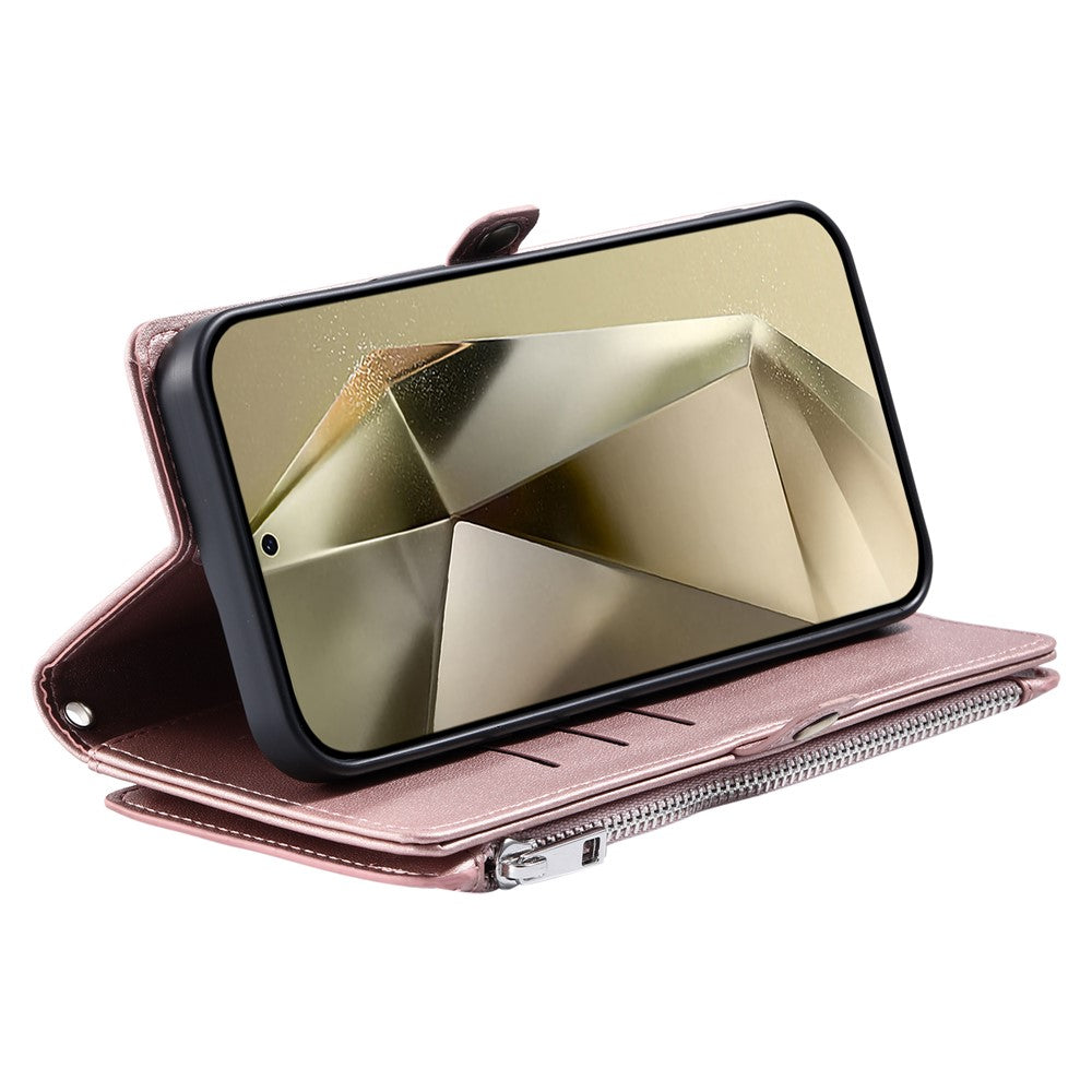 For Samsung Galaxy A57 5G Case TPU + PU Leather Wallet Phone Cover with Wrist Strap - Rose Gold