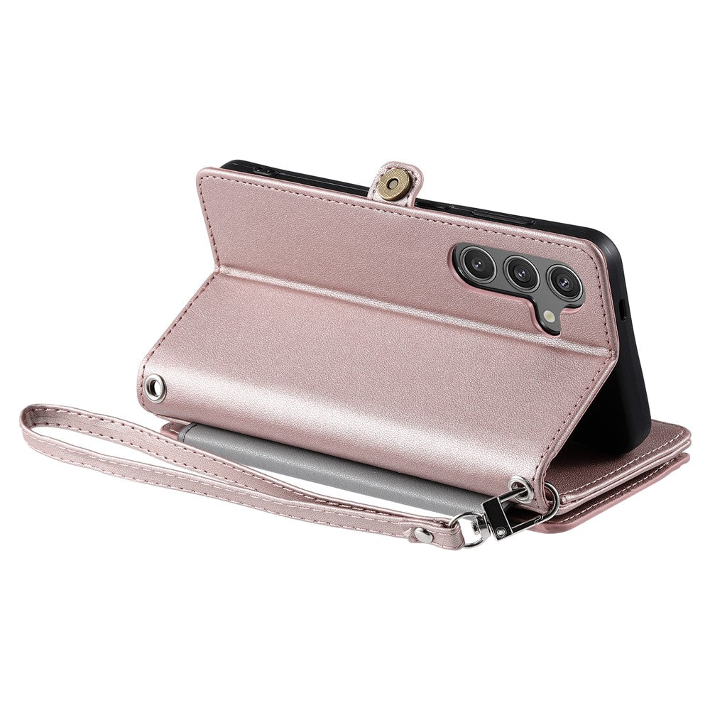 For Samsung Galaxy A57 5G Case TPU + PU Leather Wallet Phone Cover with Wrist Strap - Rose Gold