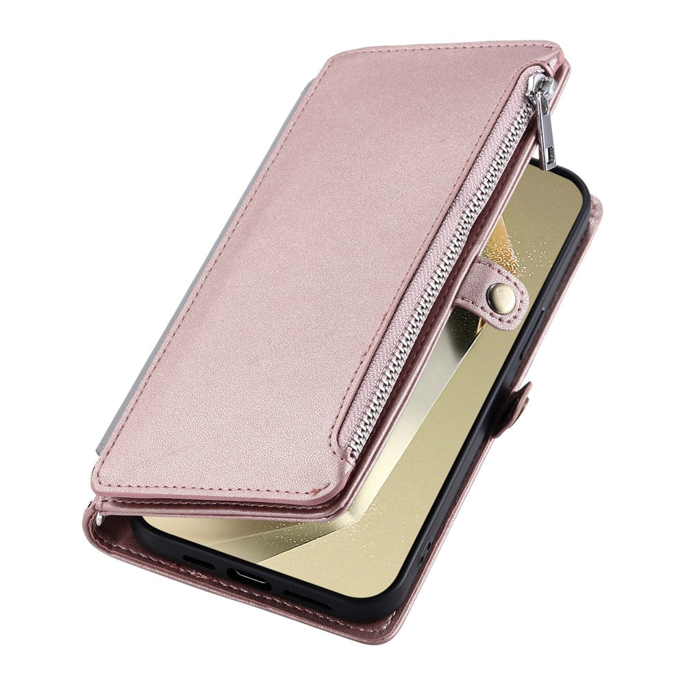 For Samsung Galaxy A57 5G Case TPU + PU Leather Wallet Phone Cover with Wrist Strap - Rose Gold