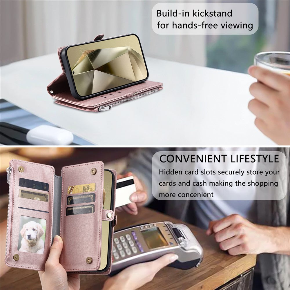 For Samsung Galaxy A57 5G Case TPU + PU Leather Wallet Phone Cover with Wrist Strap - Rose Gold