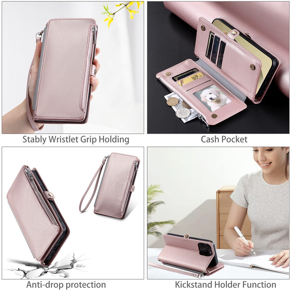 For Samsung Galaxy A57 5G Case TPU + PU Leather Wallet Phone Cover with Wrist Strap - Rose Gold