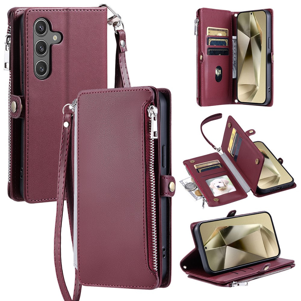 For Samsung Galaxy A57 5G Case TPU + PU Leather Wallet Phone Cover with Wrist Strap - Wine Red