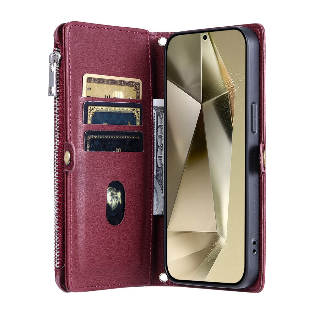 For Samsung Galaxy A57 5G Case TPU + PU Leather Wallet Phone Cover with Wrist Strap - Wine Red