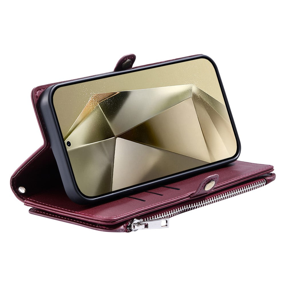 For Samsung Galaxy A57 5G Case TPU + PU Leather Wallet Phone Cover with Wrist Strap - Wine Red