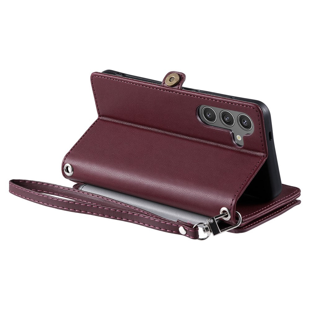 For Samsung Galaxy A57 5G Case TPU + PU Leather Wallet Phone Cover with Wrist Strap - Wine Red