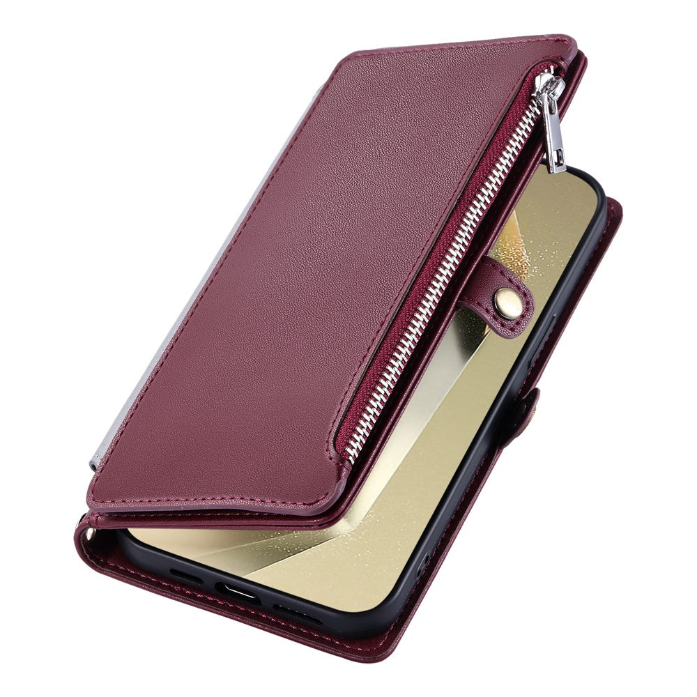 For Samsung Galaxy A57 5G Case TPU + PU Leather Wallet Phone Cover with Wrist Strap - Wine Red