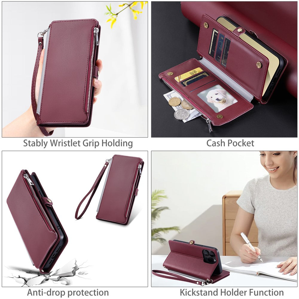 For Samsung Galaxy A57 5G Case TPU + PU Leather Wallet Phone Cover with Wrist Strap - Wine Red