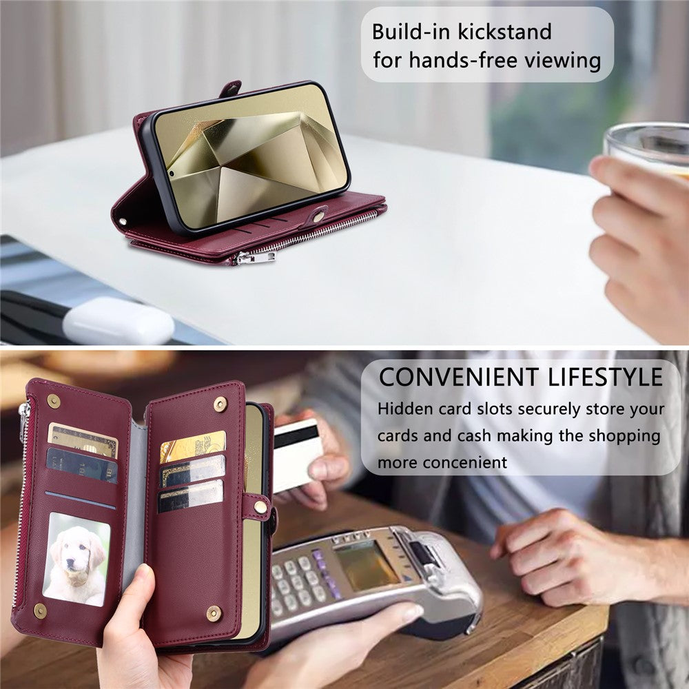 For Samsung Galaxy A57 5G Case TPU + PU Leather Wallet Phone Cover with Wrist Strap - Wine Red
