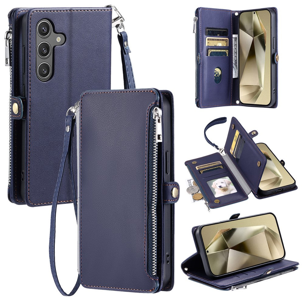 For Samsung Galaxy A57 5G Case TPU + PU Leather Wallet Phone Cover with Wrist Strap - Blue