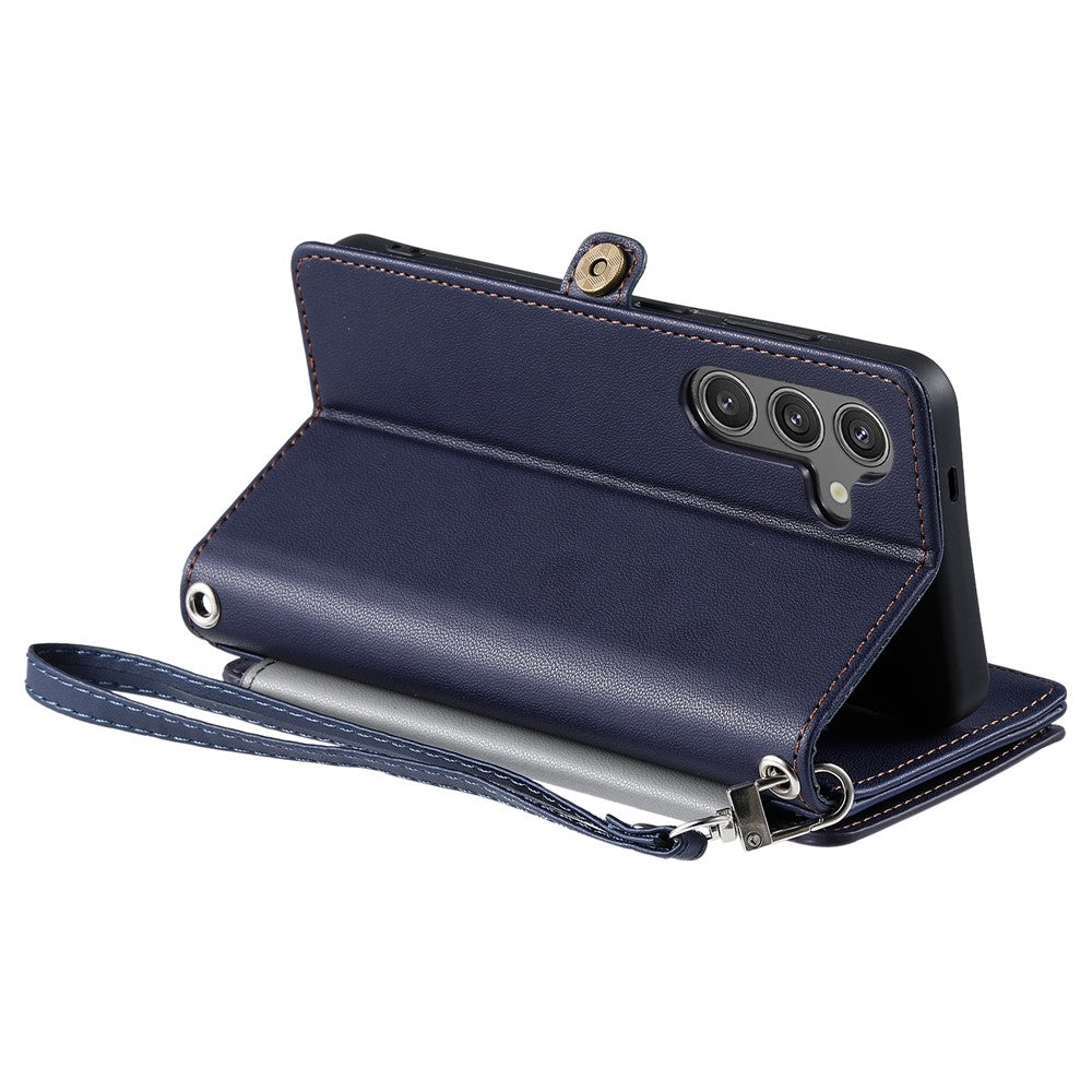 For Samsung Galaxy A57 5G Case TPU + PU Leather Wallet Phone Cover with Wrist Strap - Blue