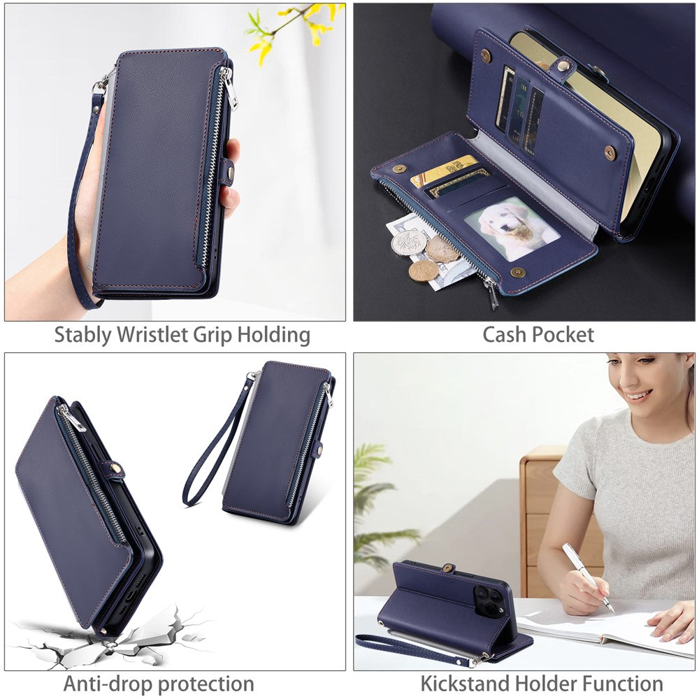 For Samsung Galaxy A57 5G Case TPU + PU Leather Wallet Phone Cover with Wrist Strap - Blue