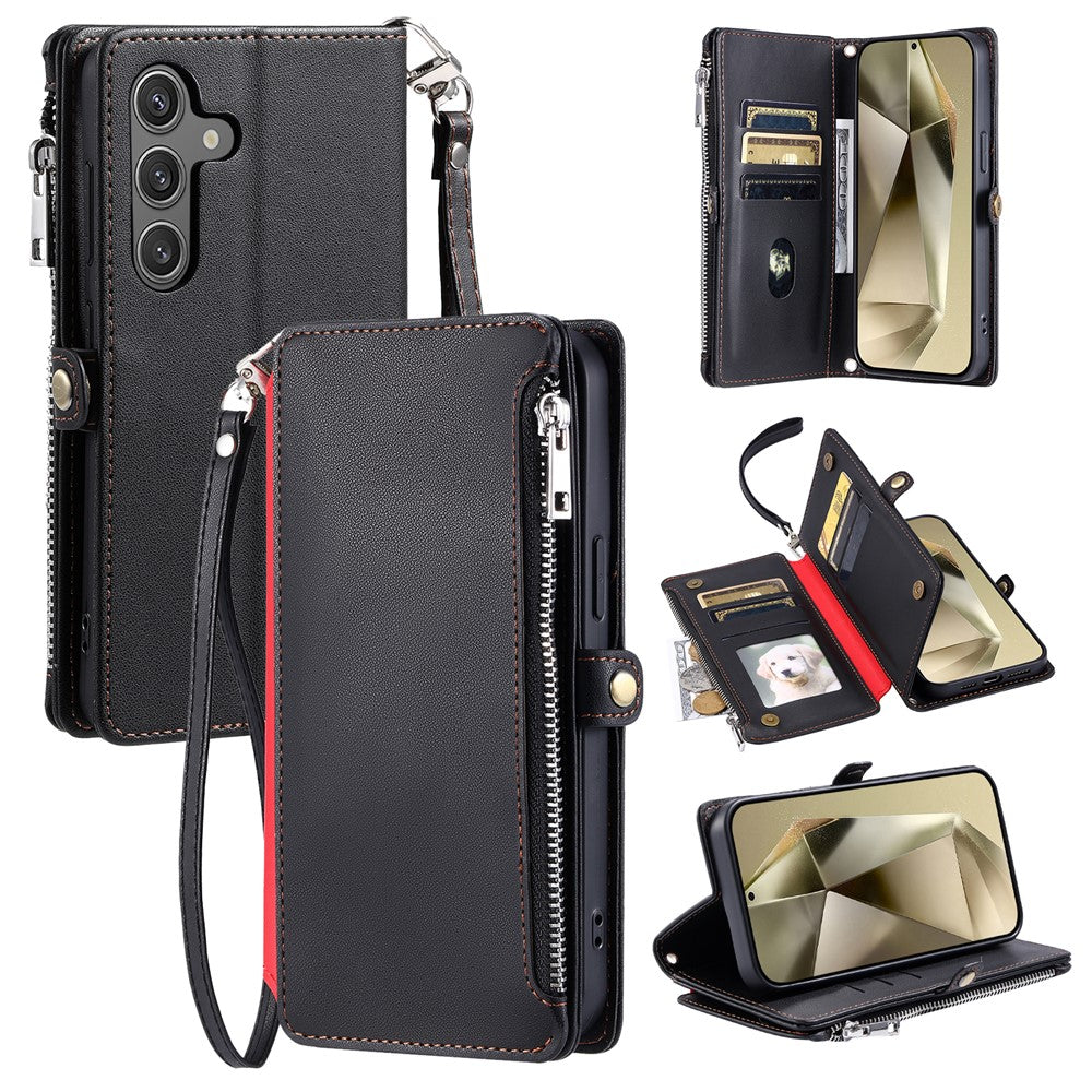 For Samsung Galaxy A57 5G Case TPU + PU Leather Wallet Phone Cover with Wrist Strap - Black