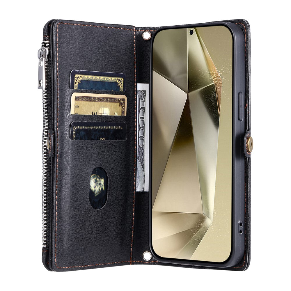 For Samsung Galaxy A57 5G Case TPU + PU Leather Wallet Phone Cover with Wrist Strap - Black