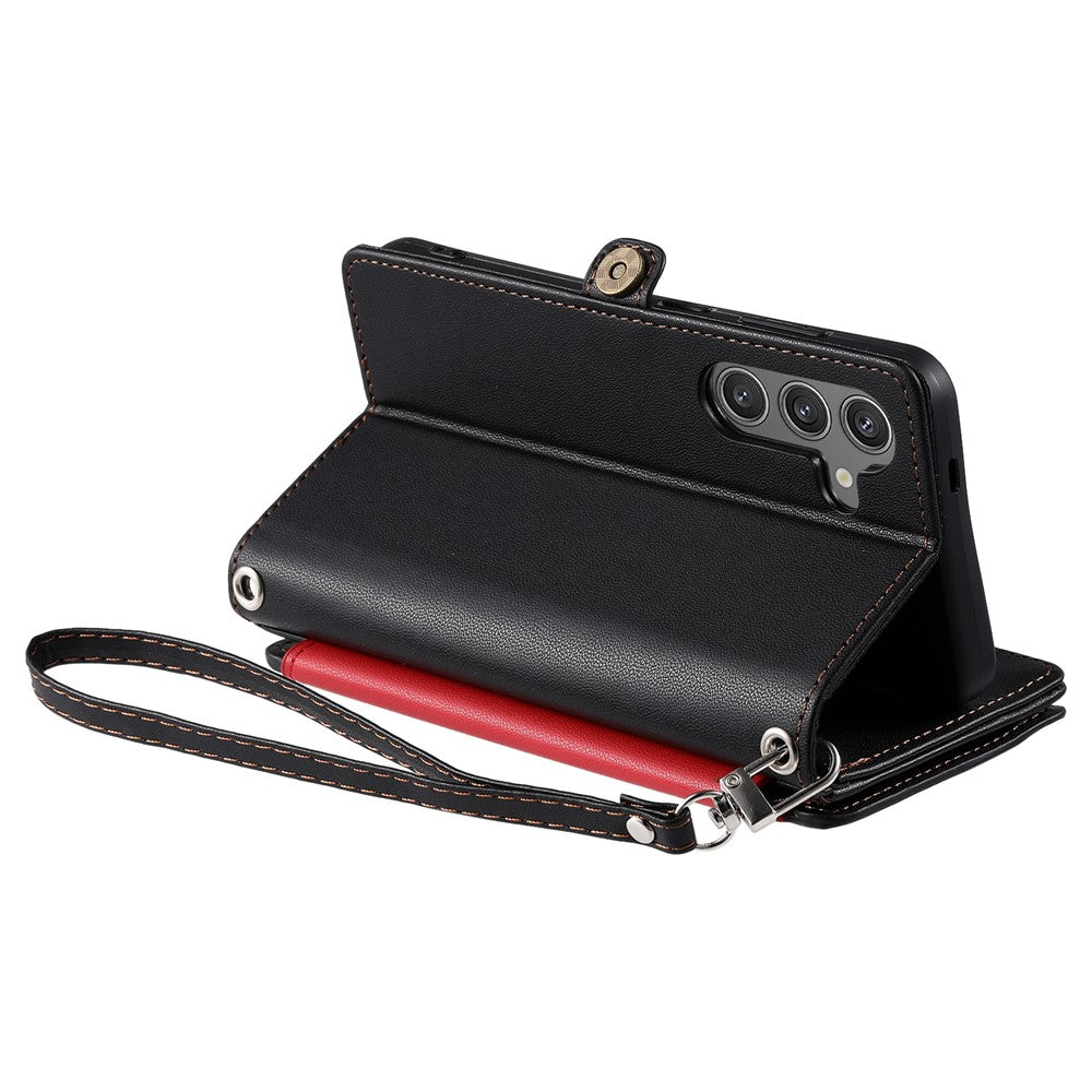 For Samsung Galaxy A57 5G Case TPU + PU Leather Wallet Phone Cover with Wrist Strap - Black