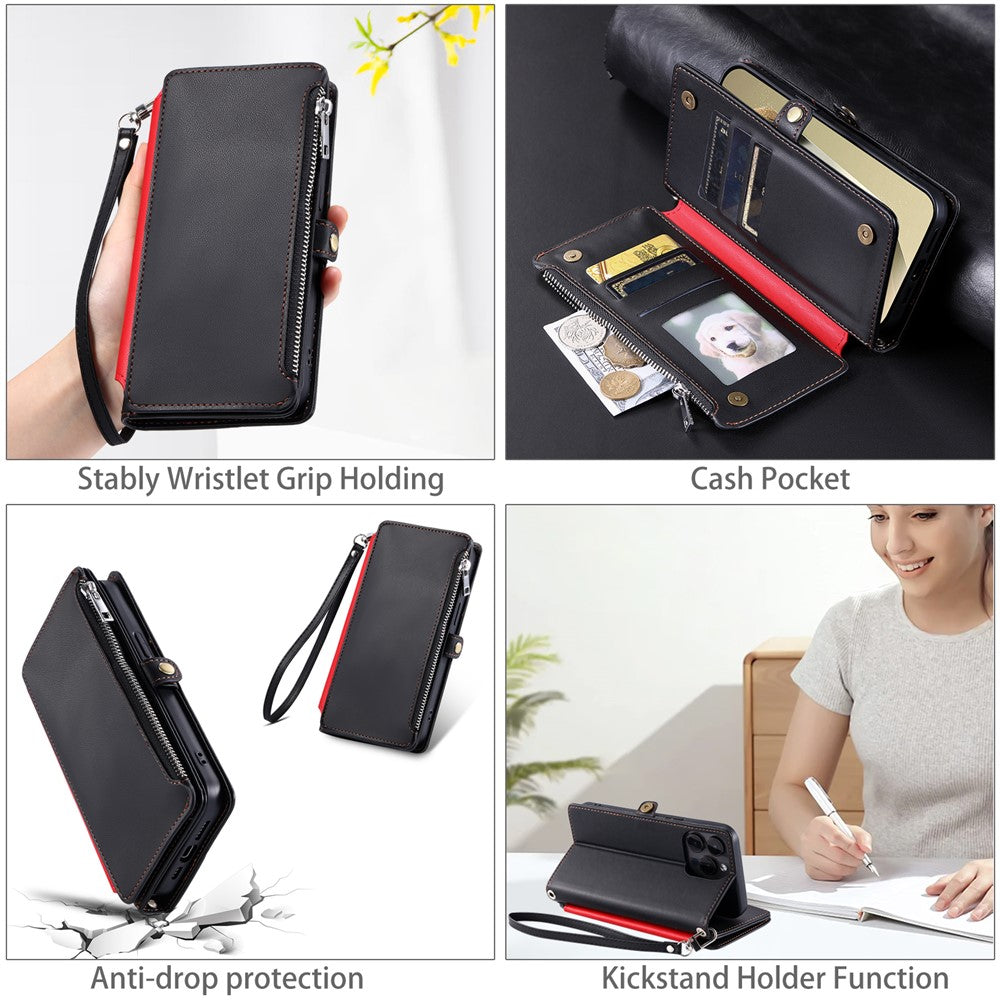 For Samsung Galaxy A57 5G Case TPU + PU Leather Wallet Phone Cover with Wrist Strap - Black