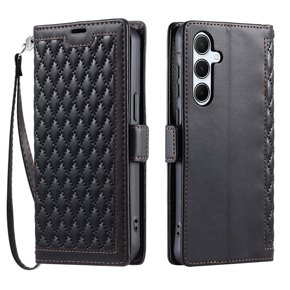 For Samsung Galaxy A57 5G Leather Case Rhombus Texture Wallet Stand Phone Cover with Wrist Strap - Black