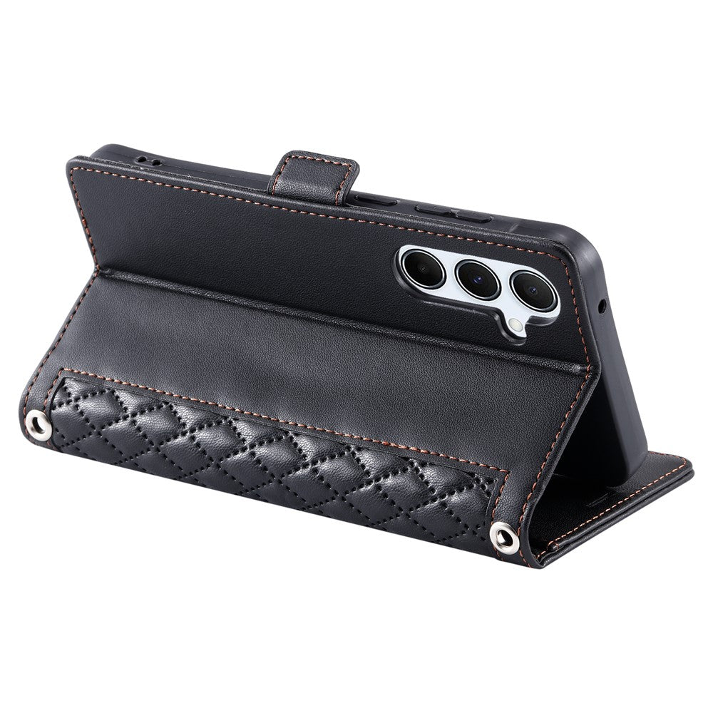 For Samsung Galaxy A57 5G Leather Case Rhombus Texture Wallet Stand Phone Cover with Wrist Strap - Black