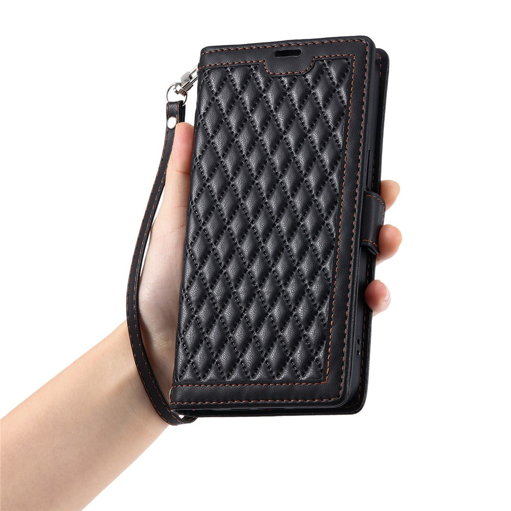 For Samsung Galaxy A57 5G Leather Case Rhombus Texture Wallet Stand Phone Cover with Wrist Strap - Black