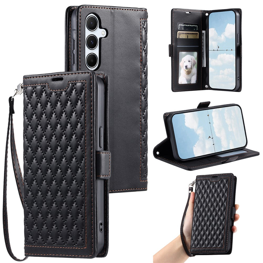 For Samsung Galaxy A57 5G Leather Case Rhombus Texture Wallet Stand Phone Cover with Wrist Strap - Black