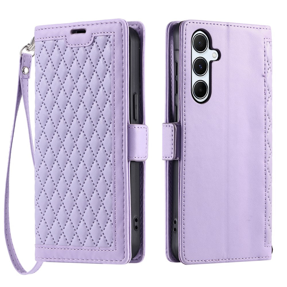 For Samsung Galaxy A57 5G Leather Case Rhombus Texture Wallet Stand Phone Cover with Wrist Strap - Purple