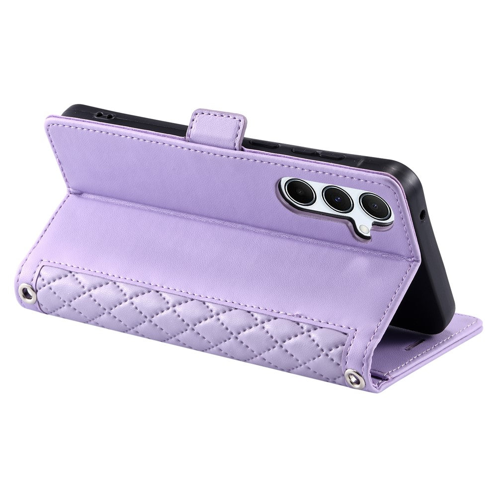 For Samsung Galaxy A57 5G Leather Case Rhombus Texture Wallet Stand Phone Cover with Wrist Strap - Purple