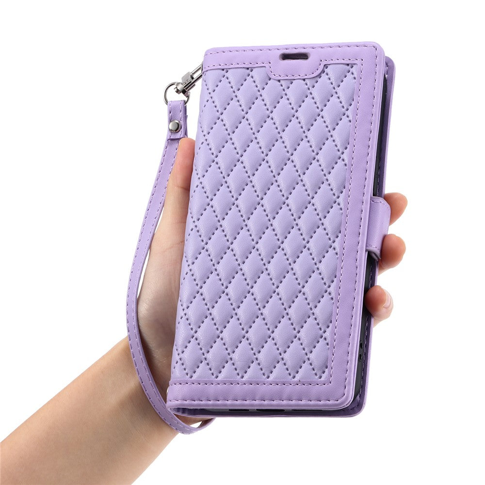 For Samsung Galaxy A57 5G Leather Case Rhombus Texture Wallet Stand Phone Cover with Wrist Strap - Purple