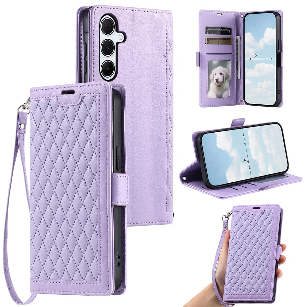 For Samsung Galaxy A57 5G Leather Case Rhombus Texture Wallet Stand Phone Cover with Wrist Strap - Purple