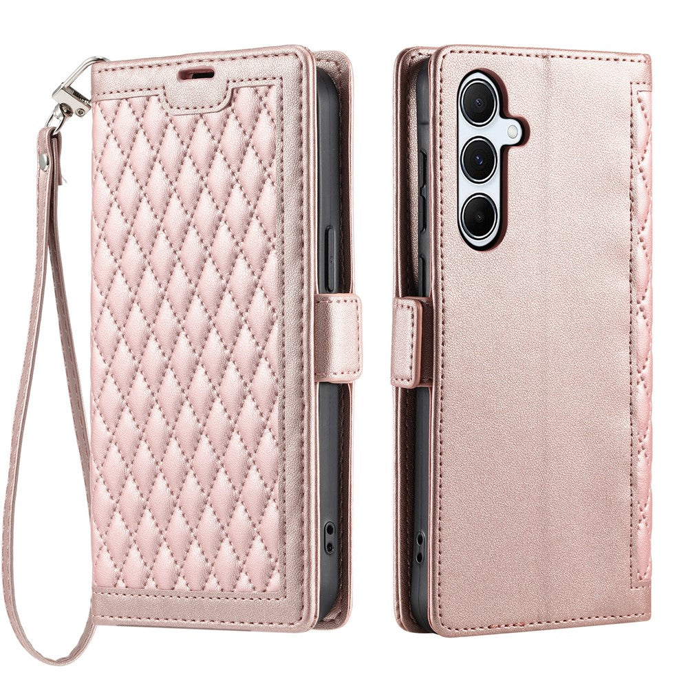 For Samsung Galaxy A57 5G Leather Case Rhombus Texture Wallet Stand Phone Cover with Wrist Strap - Rose Gold