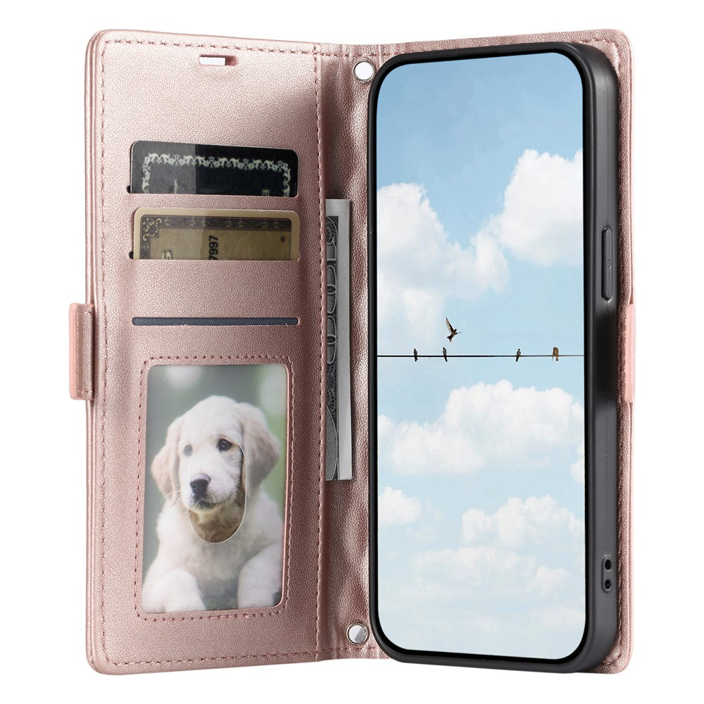 For Samsung Galaxy A57 5G Leather Case Rhombus Texture Wallet Stand Phone Cover with Wrist Strap - Rose Gold