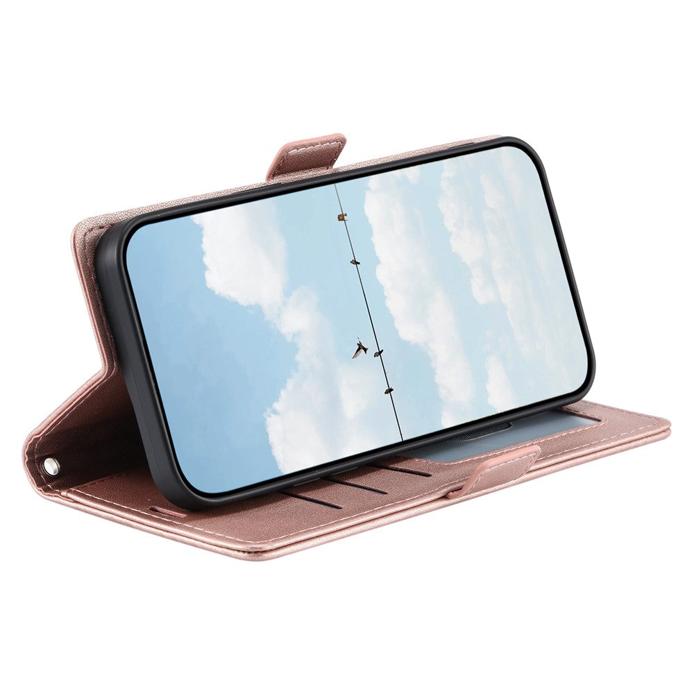 For Samsung Galaxy A57 5G Leather Case Rhombus Texture Wallet Stand Phone Cover with Wrist Strap - Rose Gold