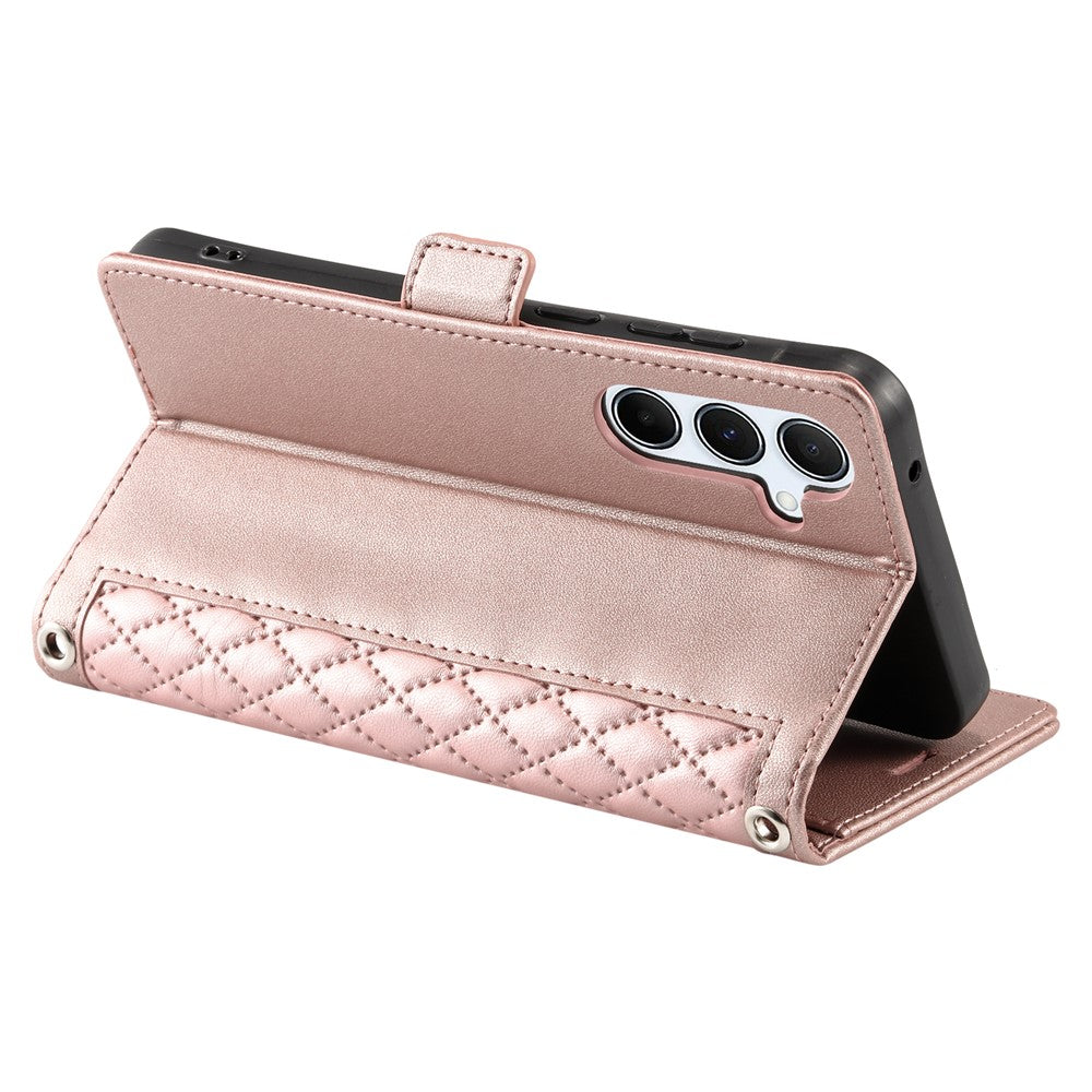 For Samsung Galaxy A57 5G Leather Case Rhombus Texture Wallet Stand Phone Cover with Wrist Strap - Rose Gold