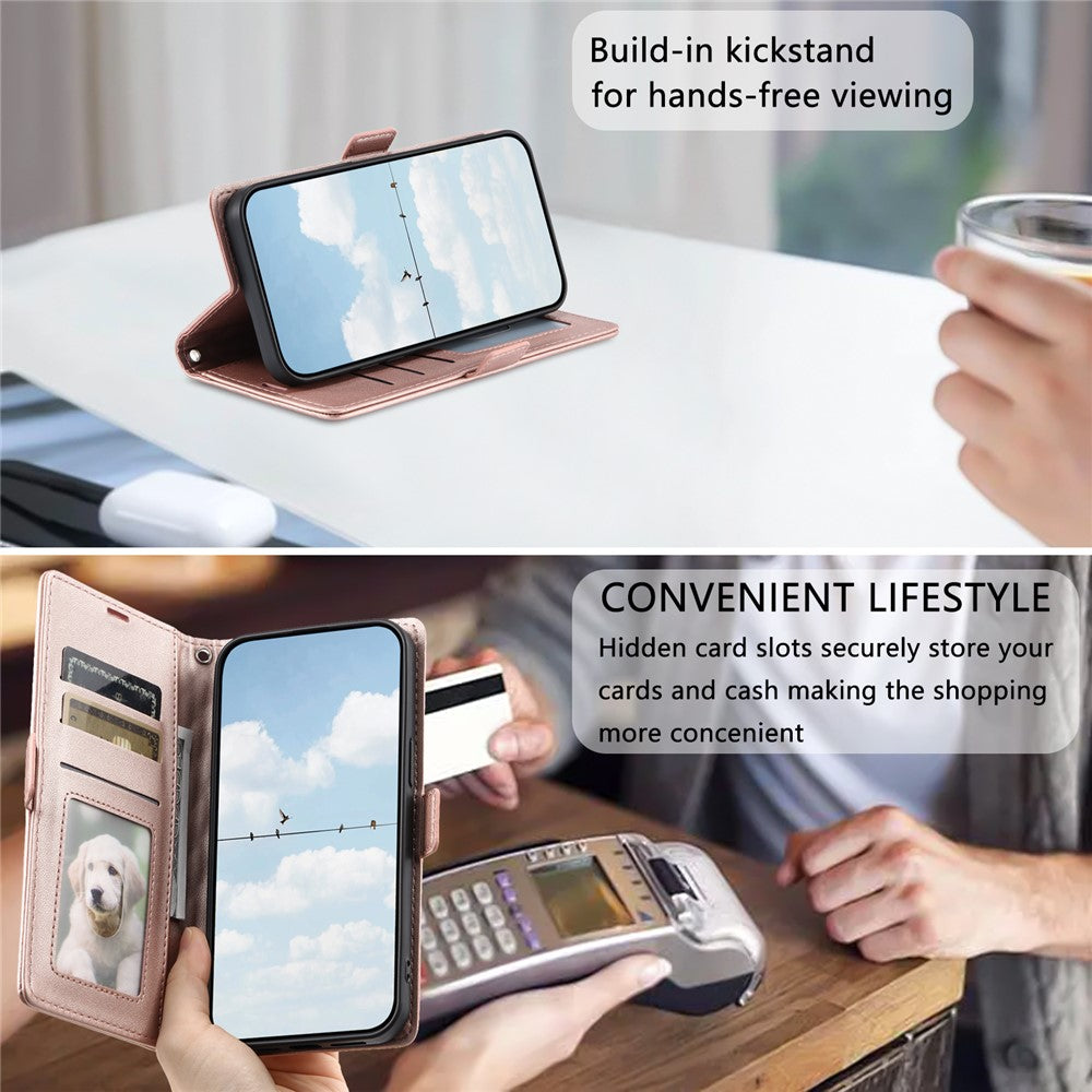For Samsung Galaxy A57 5G Leather Case Rhombus Texture Wallet Stand Phone Cover with Wrist Strap - Rose Gold