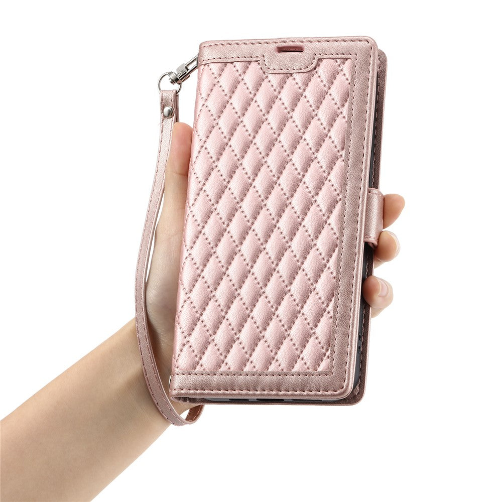 For Samsung Galaxy A57 5G Leather Case Rhombus Texture Wallet Stand Phone Cover with Wrist Strap - Rose Gold