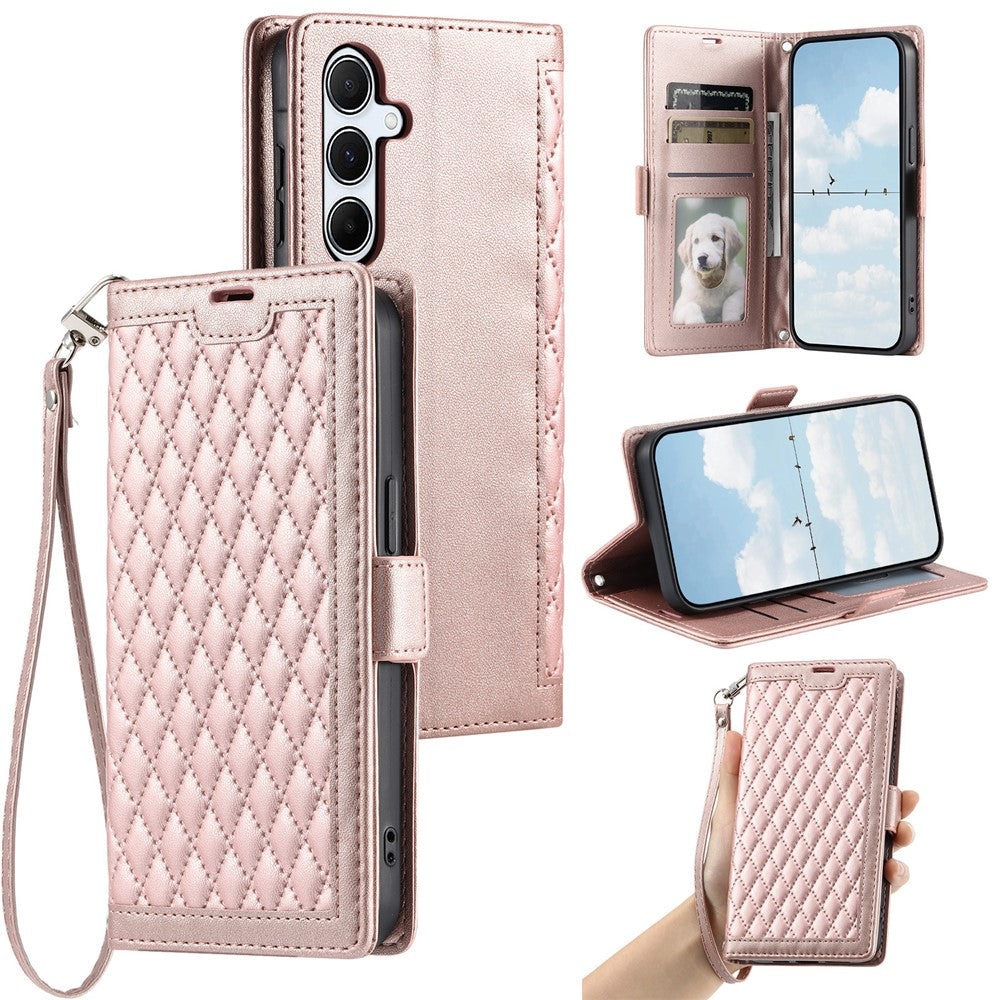 For Samsung Galaxy A57 5G Leather Case Rhombus Texture Wallet Stand Phone Cover with Wrist Strap - Rose Gold