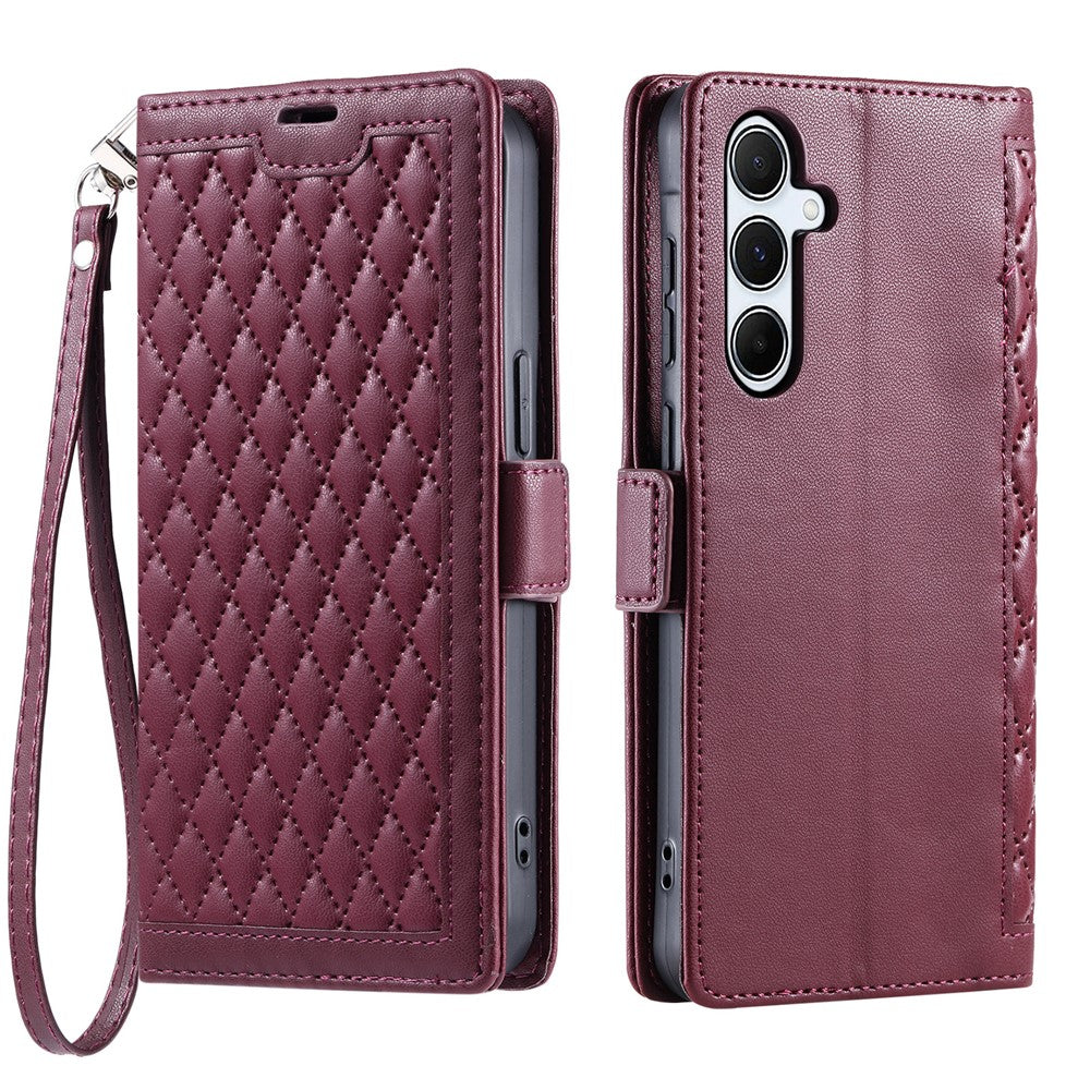 For Samsung Galaxy A57 5G Leather Case Rhombus Texture Wallet Stand Phone Cover with Wrist Strap - Wine Red